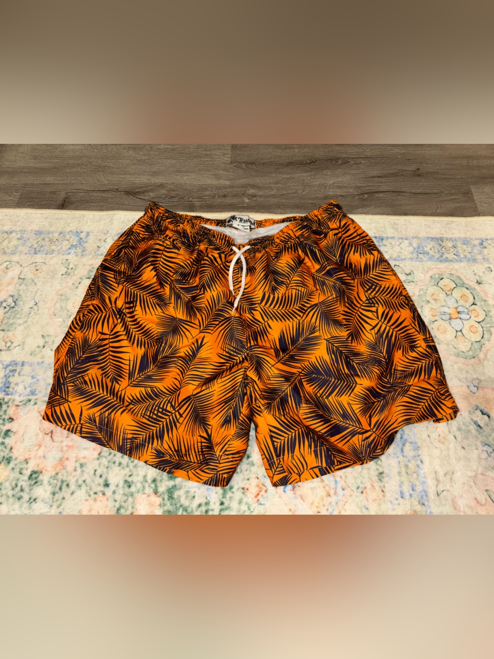 Men's Orange Palm-Print Swim Trunks with Drawstring